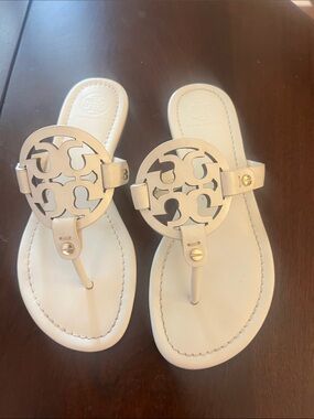 Tory Burch Miller Cream Leather Logo Thong Sandals